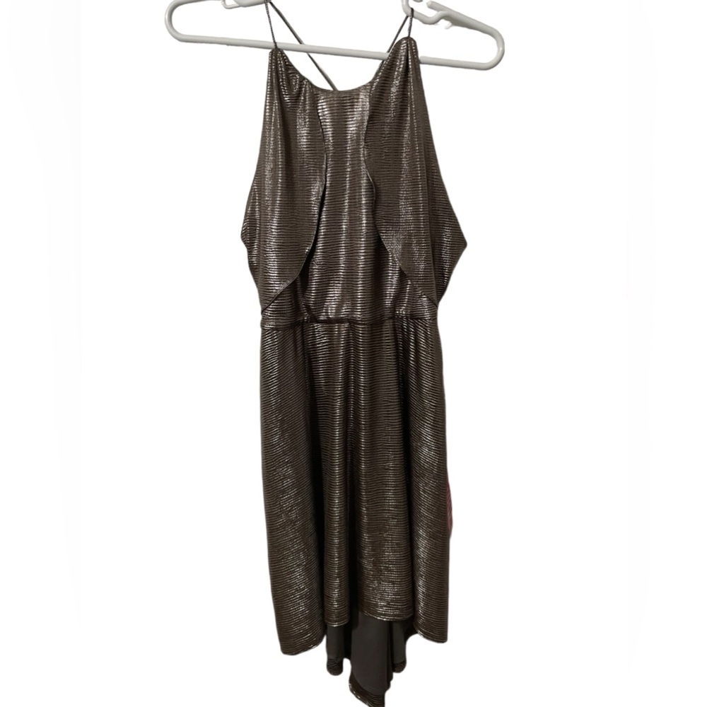 Halston Women’s Hi low Drape Metallic Gunmetal Racer back Midi dress size 8